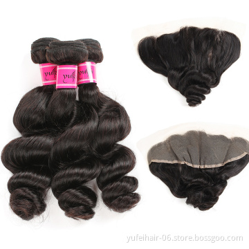 Natural Black Loose Wave 13x6 13x4 Lace Frontal With Human Hair Wefts Virgin Peruvian 3 Hair Bundles With Closure